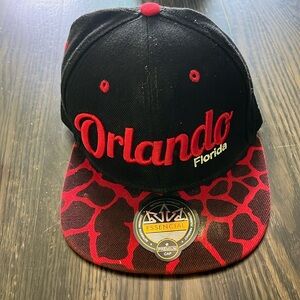 Orlando Florida SnapBack Hat Red and Black with Cheetah Print on Bill